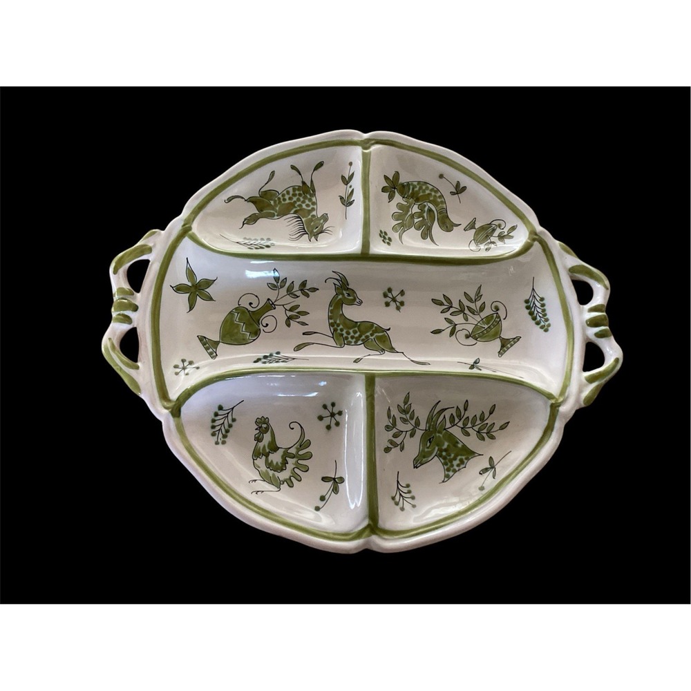 Italian 1950's Divided Appetizer Footed Platter Italy Rooster Animals Green 14"